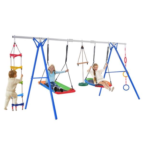 slide 2 of 7, 5 in 1 Outdoor Toddler Swing Set for Backyard Kids - Rings/Trapeze - Blue
