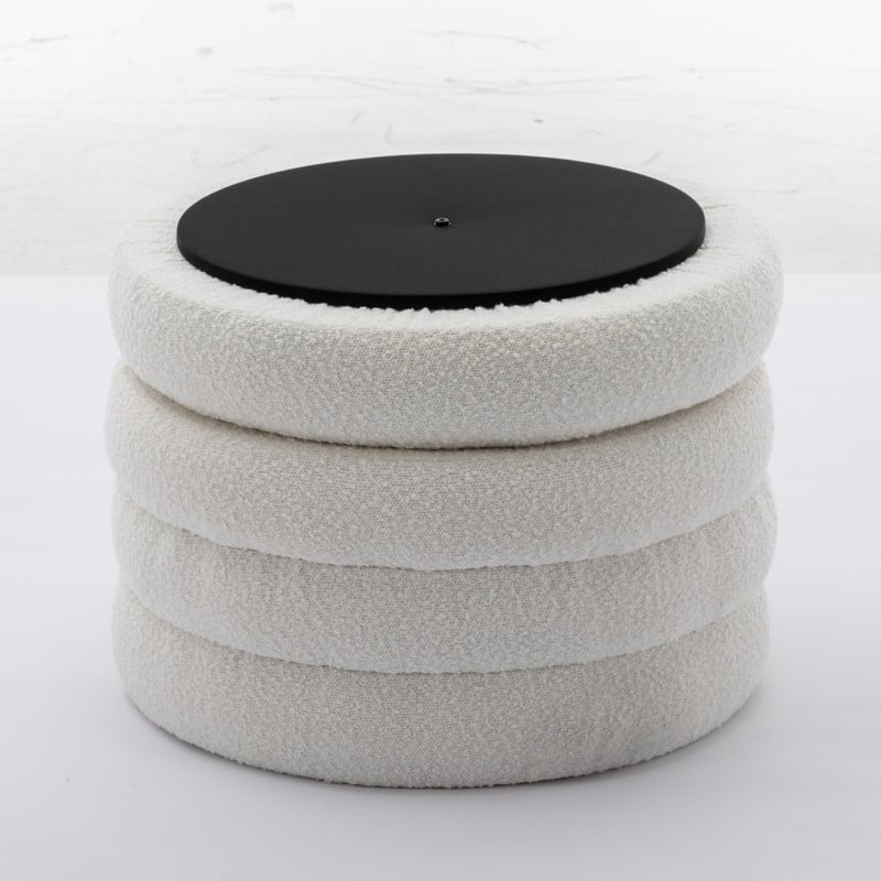 Boucle Fabric Storage Round Ottoman Footstool With Wooden Shelving