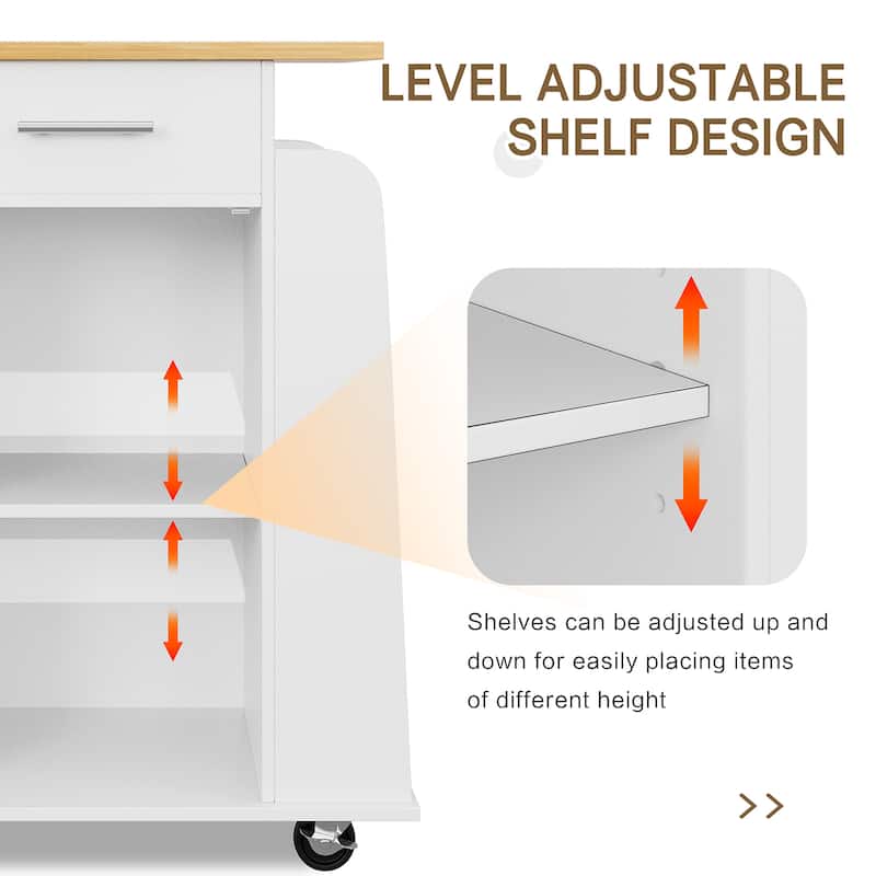 Rolling Kitchen Island with Storage Cabinet & Spice Rack & Drawer – Rubber Wood Top