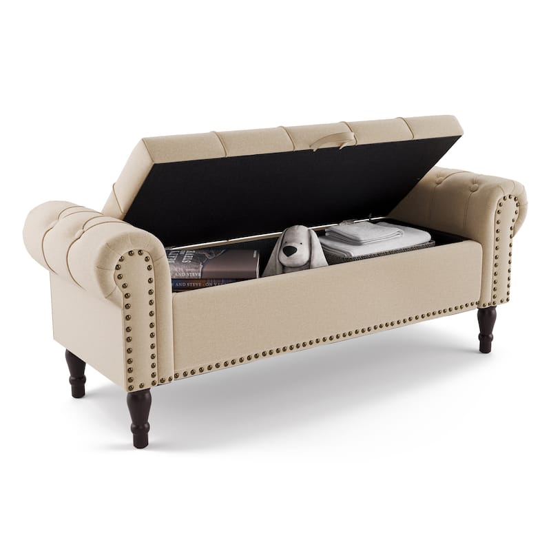 Modern Velvet Upholstered Storage Bench with Silver Nailhead Trim