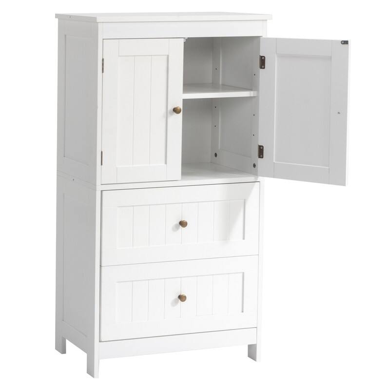 White Bathroom Storage Cabinet with 2 Doors 2 Drawers - White - Wood Finish