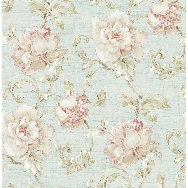 Seabrook Design Rhea Floral Scroll Unpasted Wallpaper - 20.5 in W x 33 ft. L - Metallic Blue Smoke & Bubblegum