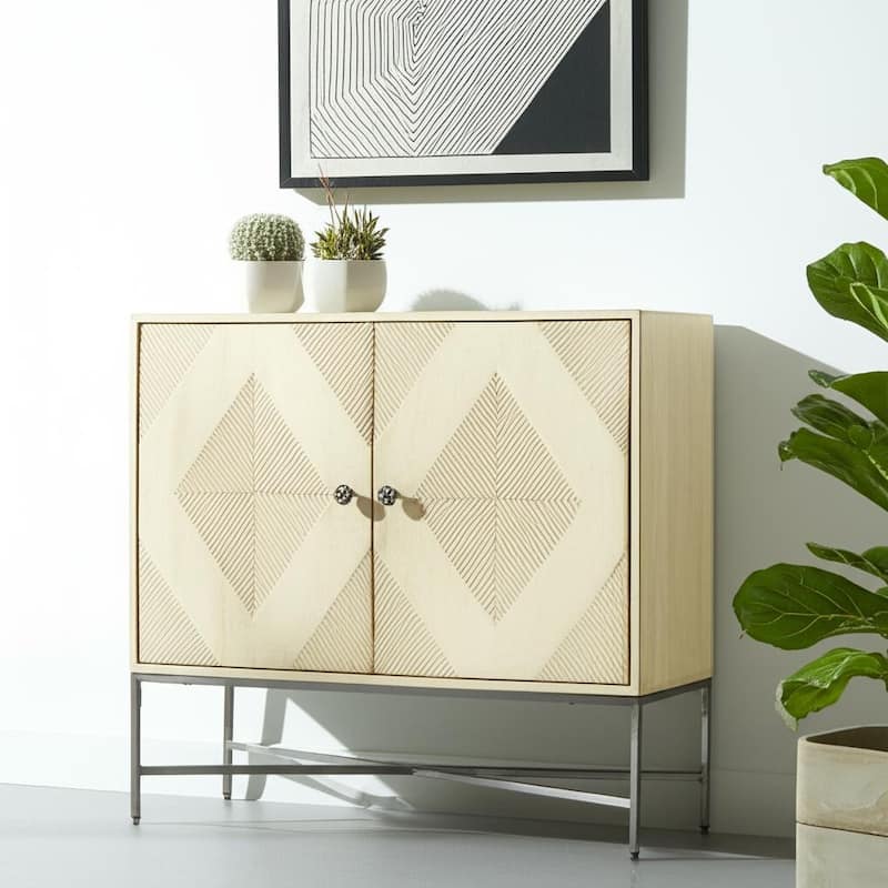 HomeRoots 36" Cream and Gray Solid Wood and Iron Carved Geometric Accent Cabinet With Two Doors - Cream