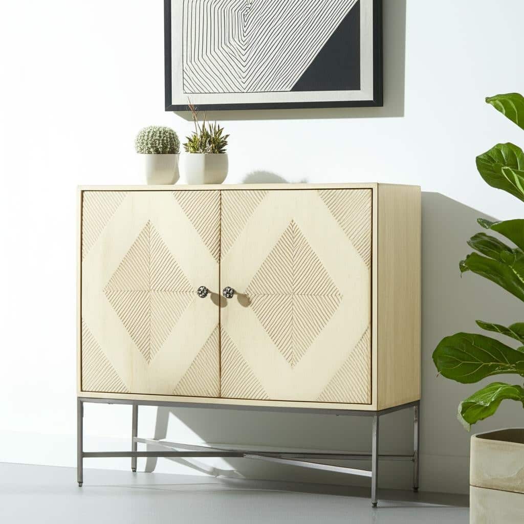 HomeRoots 36" Cream and Gray Solid Wood and Iron Carved Geometric Accent Cabinet With Two Doors