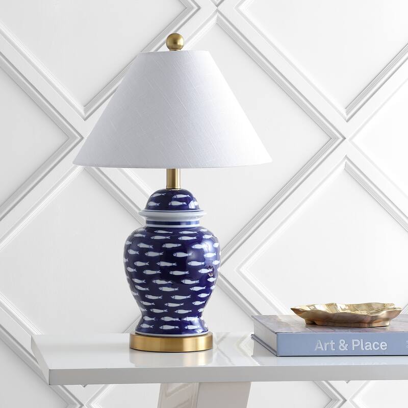 Quatrefoil of Fish 22" Ginger Jar Ceramic/Metal LED Table Lamp, Navy by JONATHAN Y