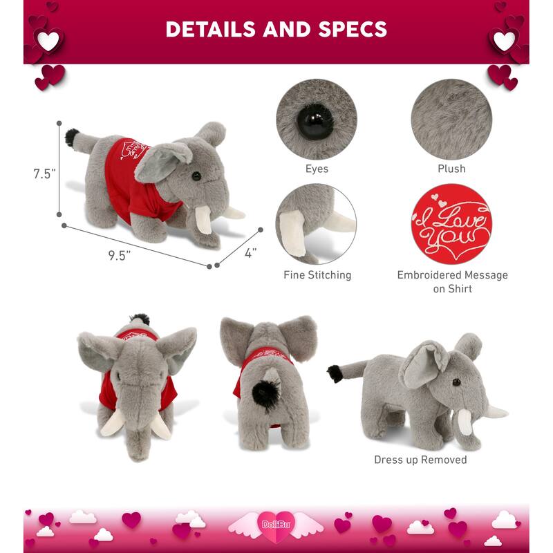 DolliBu I LOVE YOU Super Soft Standing Elephant Plush with Red Shirt - 7.5 inches
