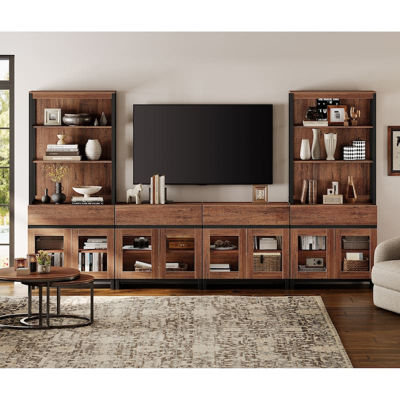 Modern TV Stand with 3 Tiers Bookshelf,Wooden Media TV Console with Glass Doors for Living Room - Brown - 126 inches