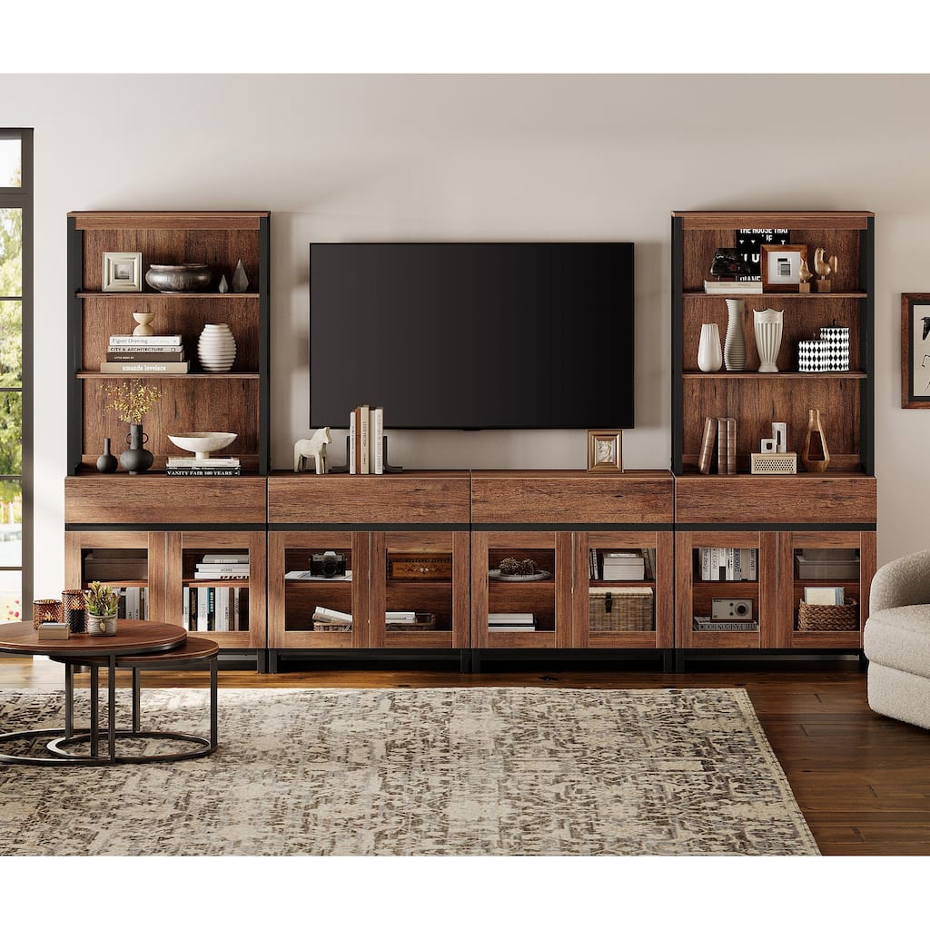 Modern TV Stand with 3 Tiers Bookshelf,Wooden Media TV Console with Glass Doors for Living Room