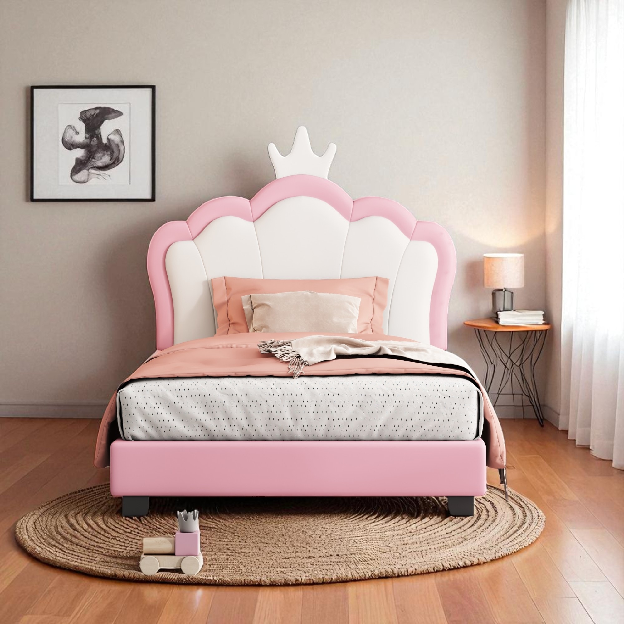 Twin Size Upholstered Platform Bed with Crown Headboard and Footboard, Princess Style PU Frame