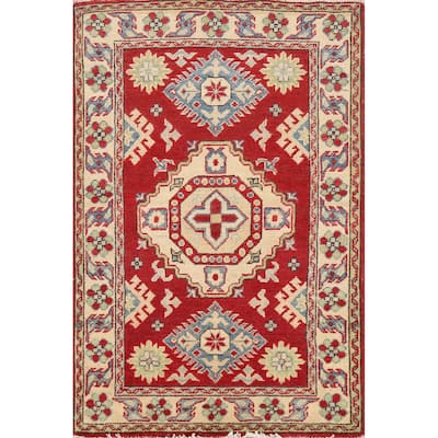 Red Kazak Foyer Rug Geometric Handmade Wool Carpet - 2'7"x 3'11"