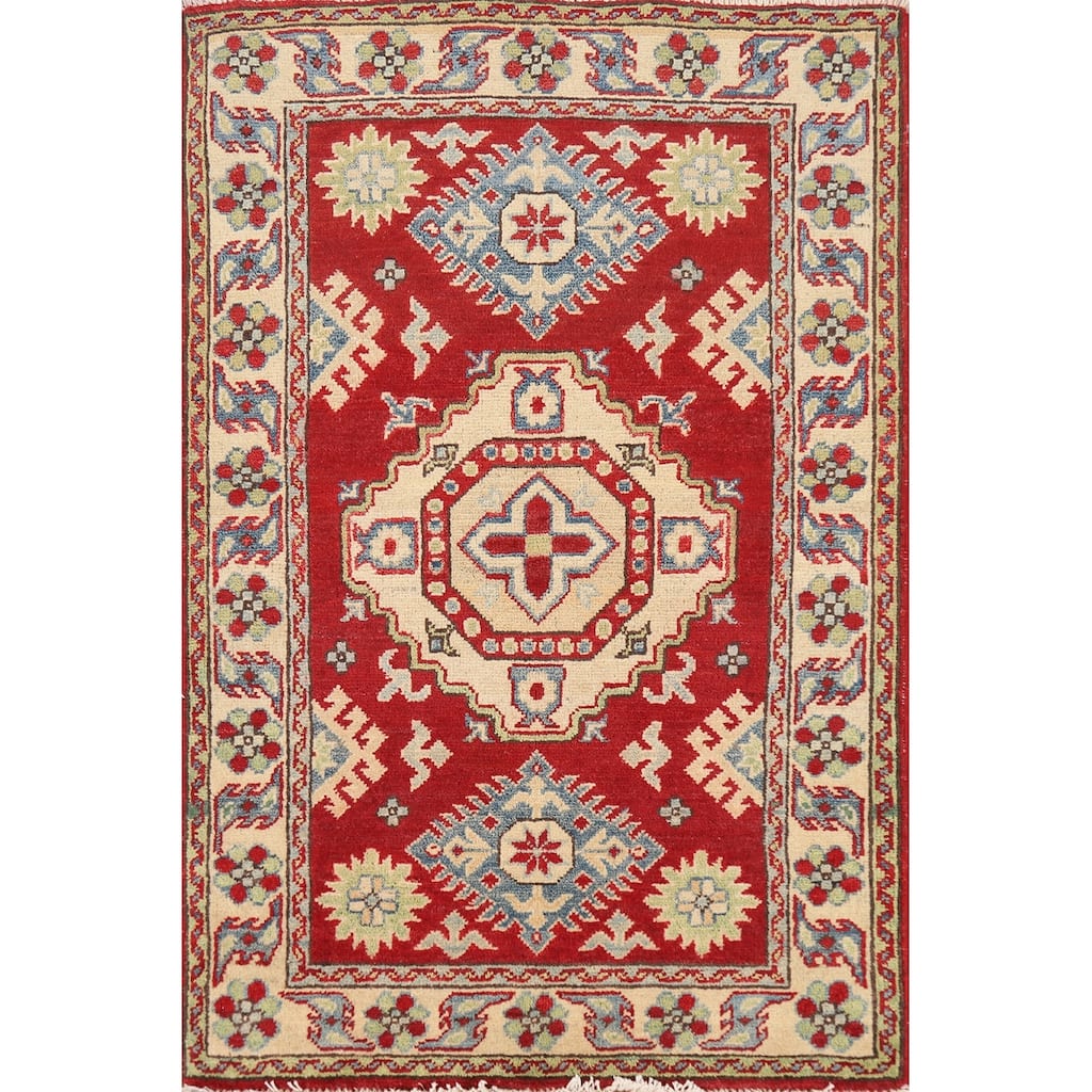 Red Kazak Foyer Rug Geometric Handmade Wool Carpet - 2'7"x 3'11"