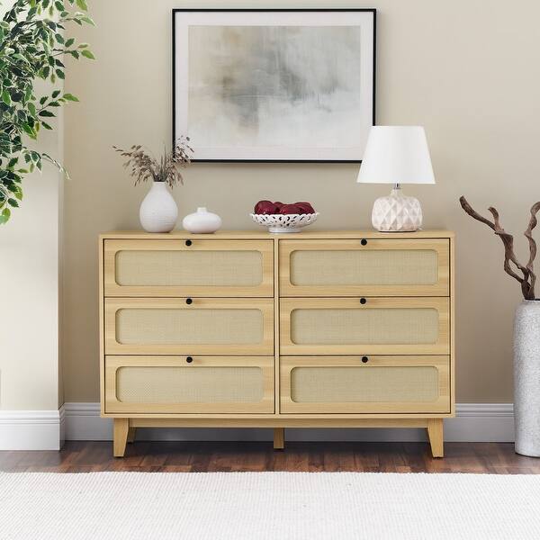 Grondin Mid-Century Modern Boho Style 6 Rattan Drawers Double Dresser with  MDF Frame and Solid Wood Legs, - Bed Bath & Beyond - 39317032
