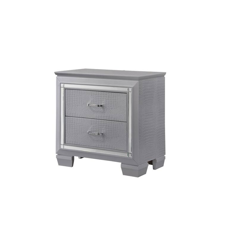Modern Glam 1pc Solid Wood Nightstand w/ Built-in Light & Silver Crocodile Finish for Bedroom