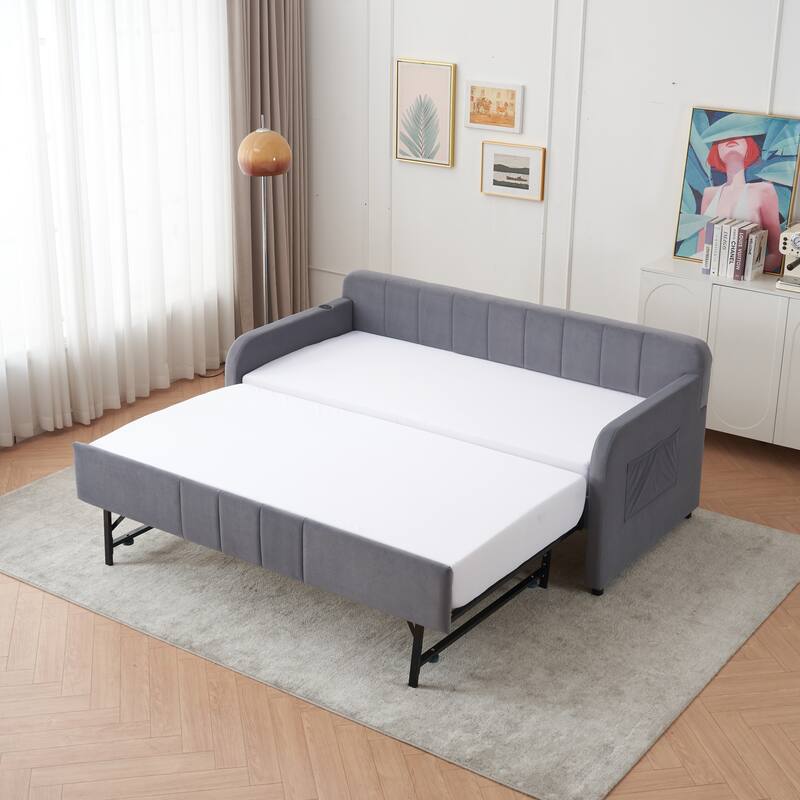 Twin Size Velvet Upholstered Daybed, Wood Sofa Bed Frame Daybed Couch with Trundle Bed and Wood Slat