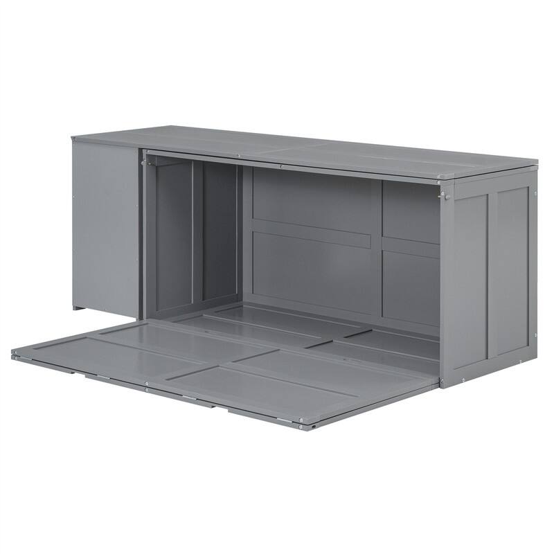 Queen Size Mobile Murphy Cube Cabinet Bed with Rotable Desk, Solid Wood Murphy Bed Chest Platform Murphy Bed for Guest Room