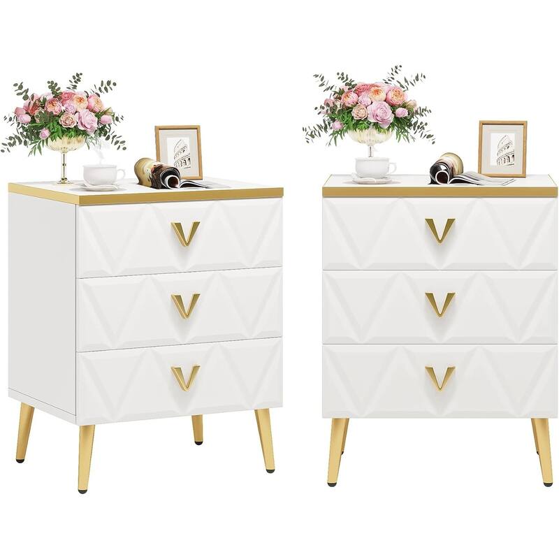 White-Gold Engineered Wood Nightstand Set of 2 with 3 Drawers and Metal Legs
