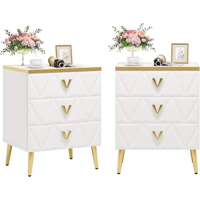 White-Gold Engineered Wood Nightstand Set of 2 with 3 Drawers and Metal Legs