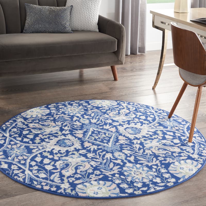 Nourison Whimsicle Modern Persian Floral Navy Ivory Area Rug - 5' Round - Navy Multicolor - Runner/Round