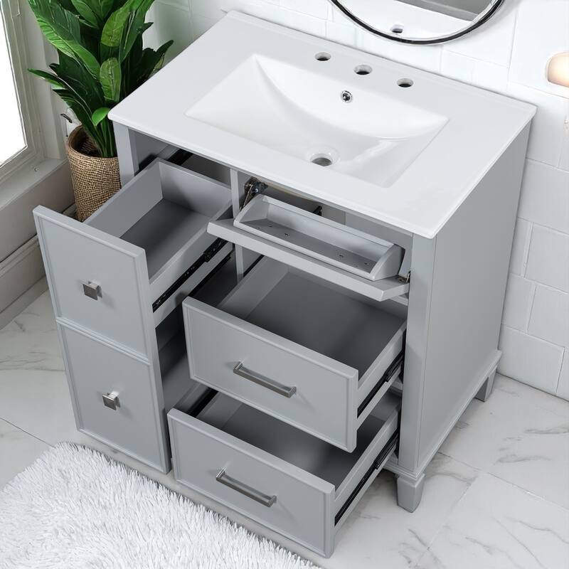 30" Bathroom Vanity with Sink, Freestanding Cabinet with Flip-Out Drawer & Double-Layer Storage, Solid Wood with Ceramic Basin