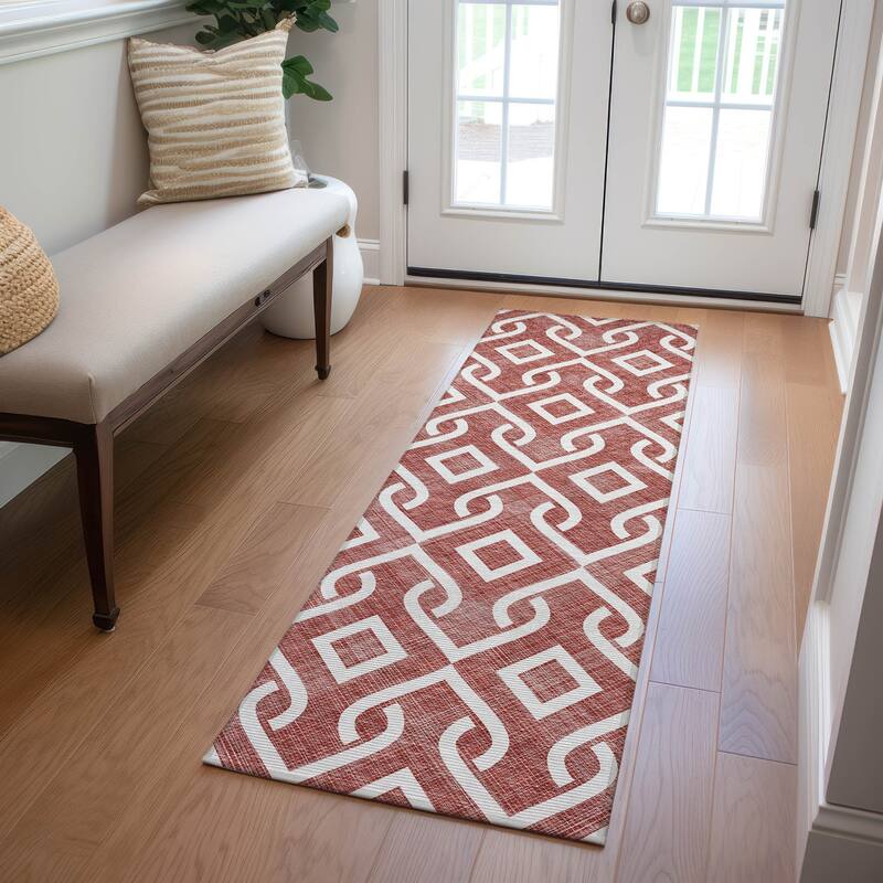 Machine Washable Indoor/ Outdoor Chantille Trellis Scroll Rug - Burgundy - 2'3" x 7'6"
