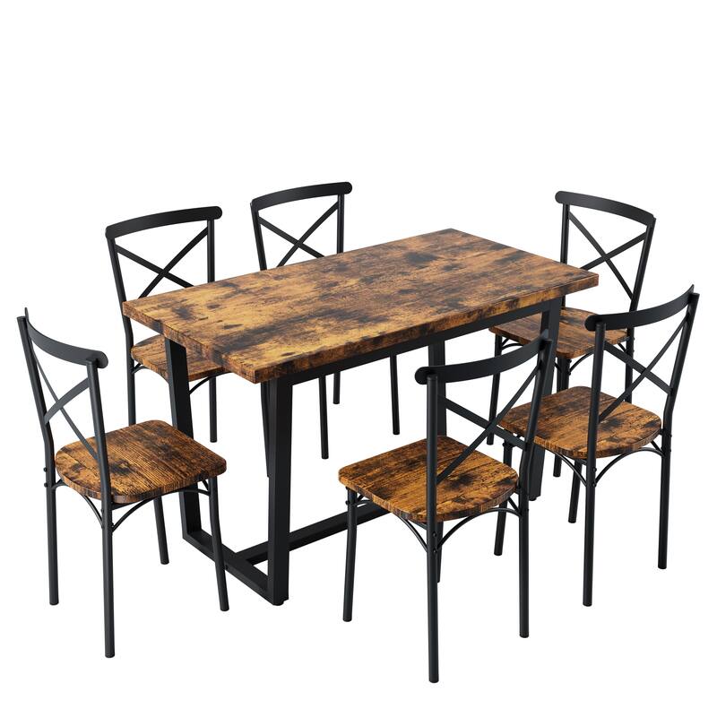 Retro Industrial Style Dining Table Set with X-Shaped Frame Backrests, for Living Room and Kitchen, 7-Piece Set.