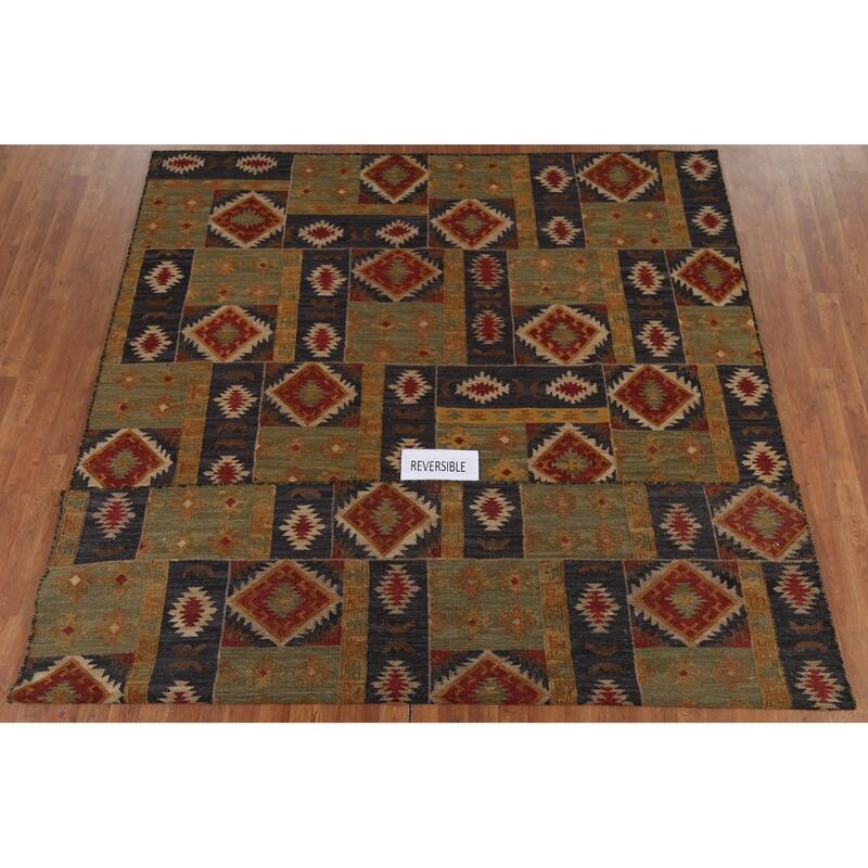 All-Over Geometric Kilim Indian Area Rug Hand-Woven Wool Carpet - 7'8"x 9'10"
