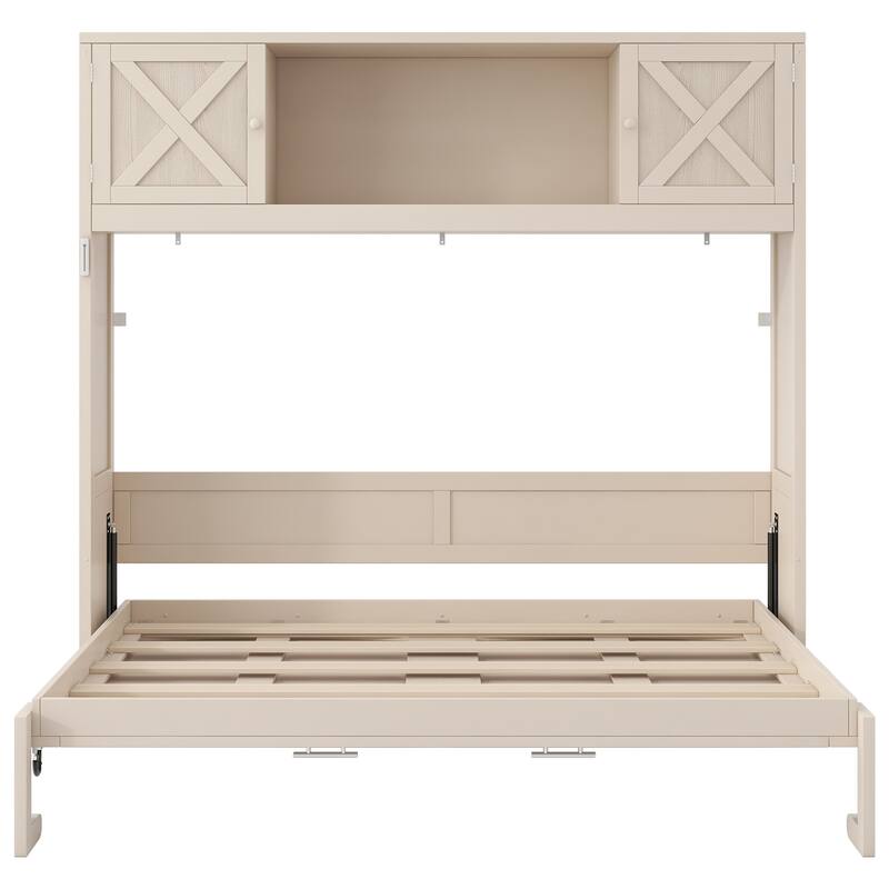 Full Size Murphy Bed Space Saving Cube Cabinet Bed Frame with Top Storage Bookcase Cabinets, Foldable Platform Bed Frame