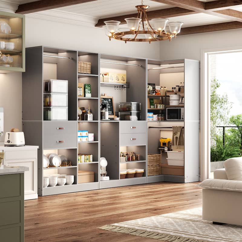 Navada 79'' - 110'' Freestanding Corner Closet System, Reversible Closet Organizer with Drawers and Hanging Rods