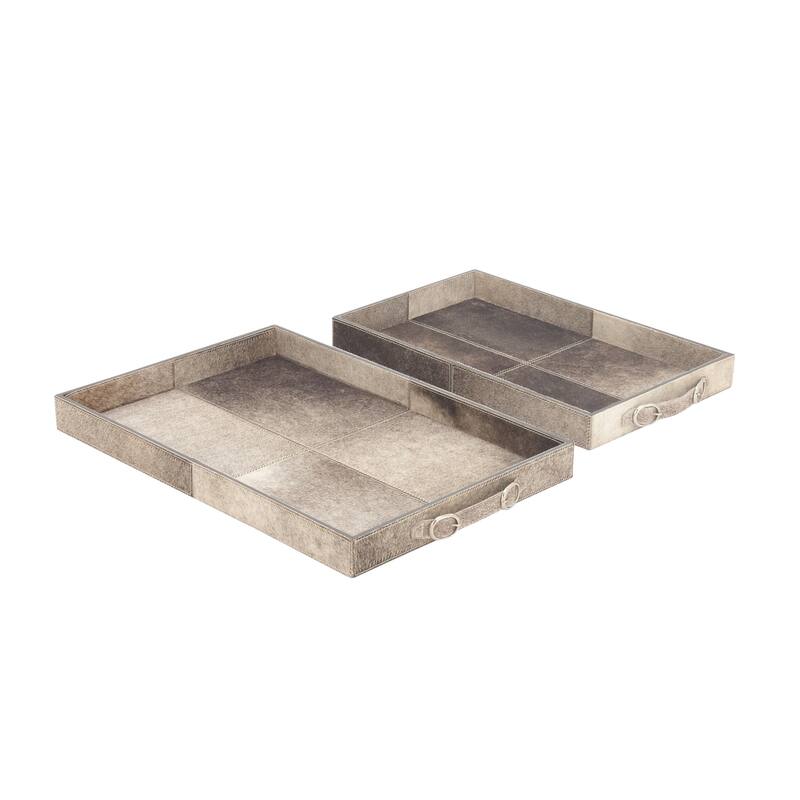 Gray Wooden Handmade Cowhide Living Room Decor Tray with Slot Handles (Set of 2) - 24 x 16 x 2