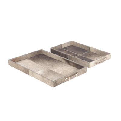 Wooden Handmade Cowhide Tray with Slot Handles - Set of 2 Gray - Roche River Decor - 16"W x 24"L x 2"H