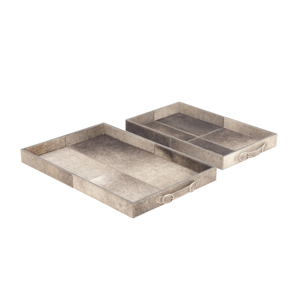 Wooden Handmade Cowhide Tray with Slot Handles - Set of 2 Gray - Roche River Decor - 16"W x 24"L x 2"H