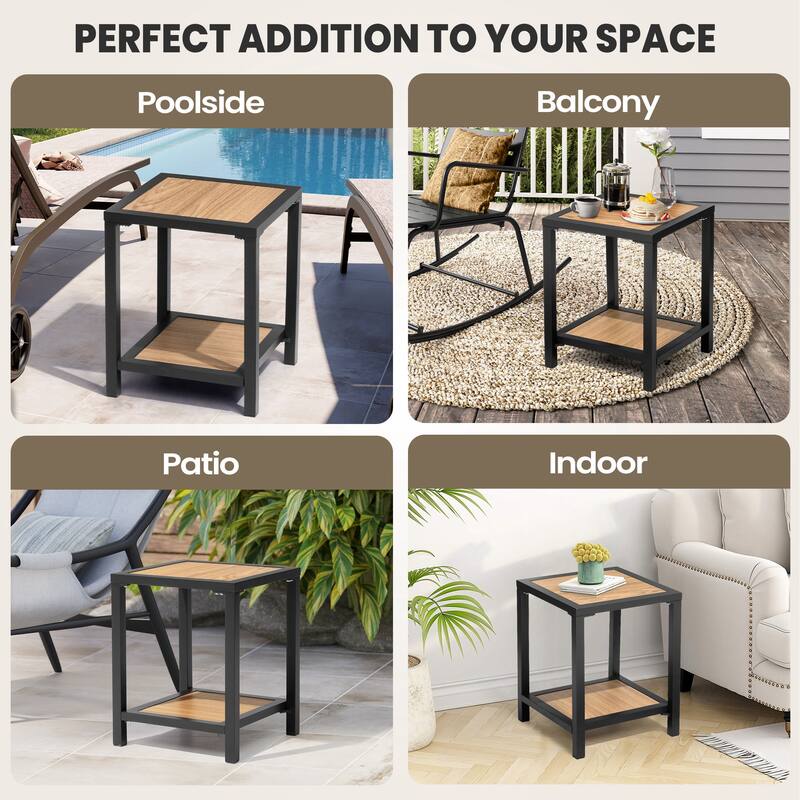 All Weather 2-Tier Patio End Table Outdoor Side Table Aluminum Frame - 15.75" L * 15.75" W * 19.68" H