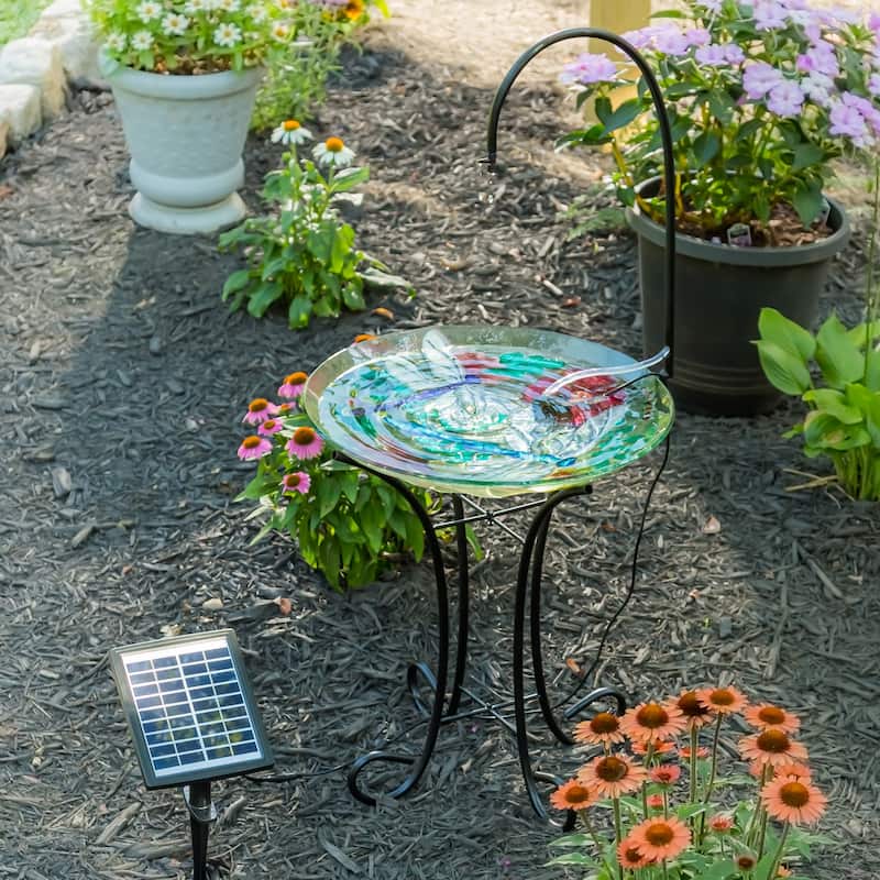18" Hand Painted and Embossed Glass Bird Bath, Dragonfly Swirls