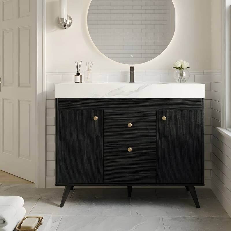 36" Modern Freestanding Bathroom Vanity with Sintered Stone Top, Ceramic Sink & Smart Storage