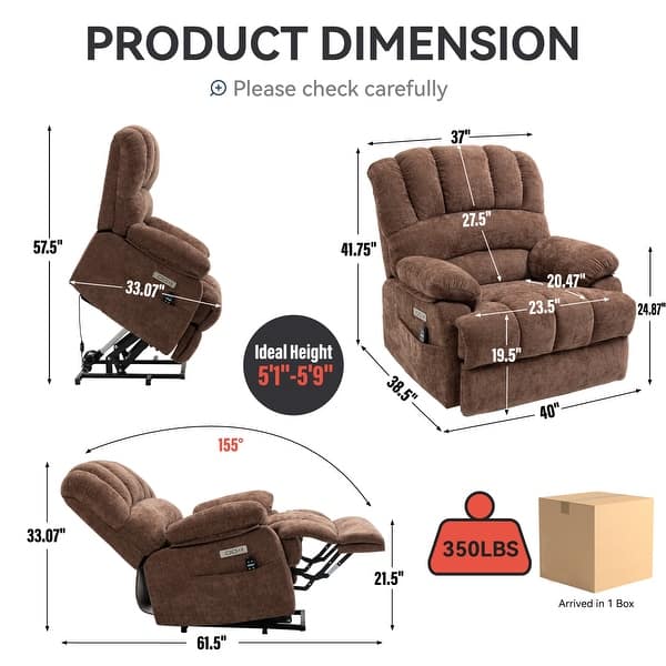 dimension image slide 2 of 3, Chenille Power Lift Recliner Chair with Vibration Massage and Heating