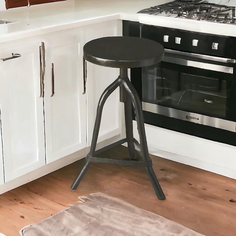 Black Iron Adjustable Height Bar Stool with Round Solid Wood Seat Tripod Legs - 14.5” x 15” x 26” (D x W x H)