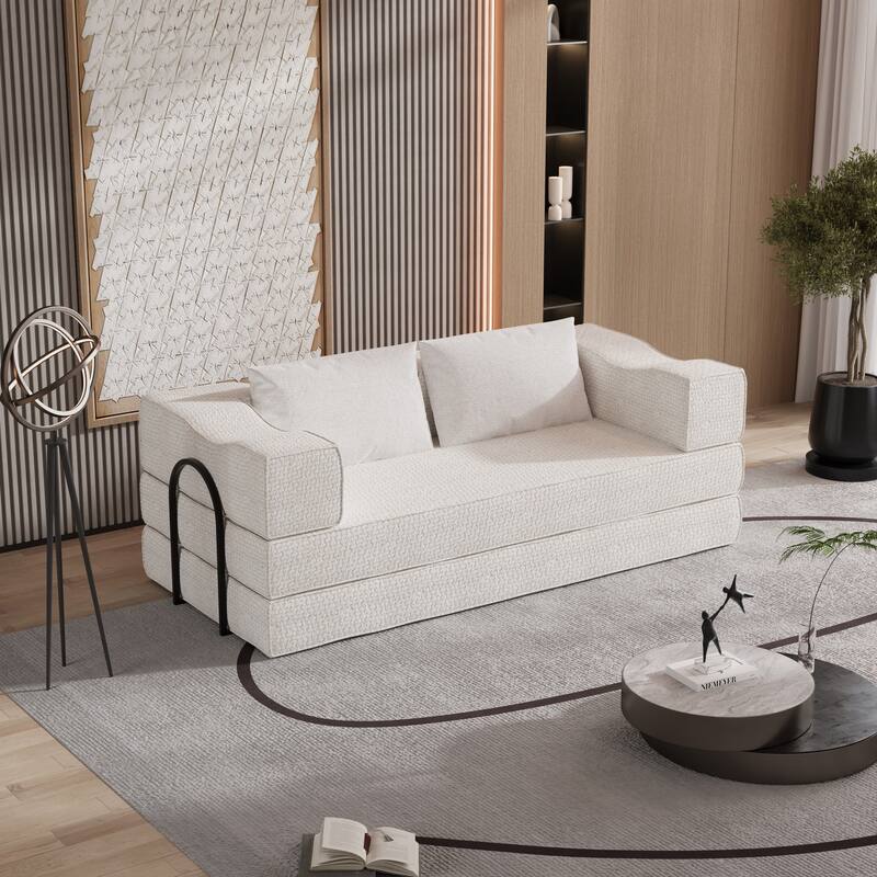 80" Convertible Sofa Bed with 2 Pillows, 2-Seat Folding Floor Couch, Multifunctional Chenille Loveseat Living Room Sleeper Sofa - White