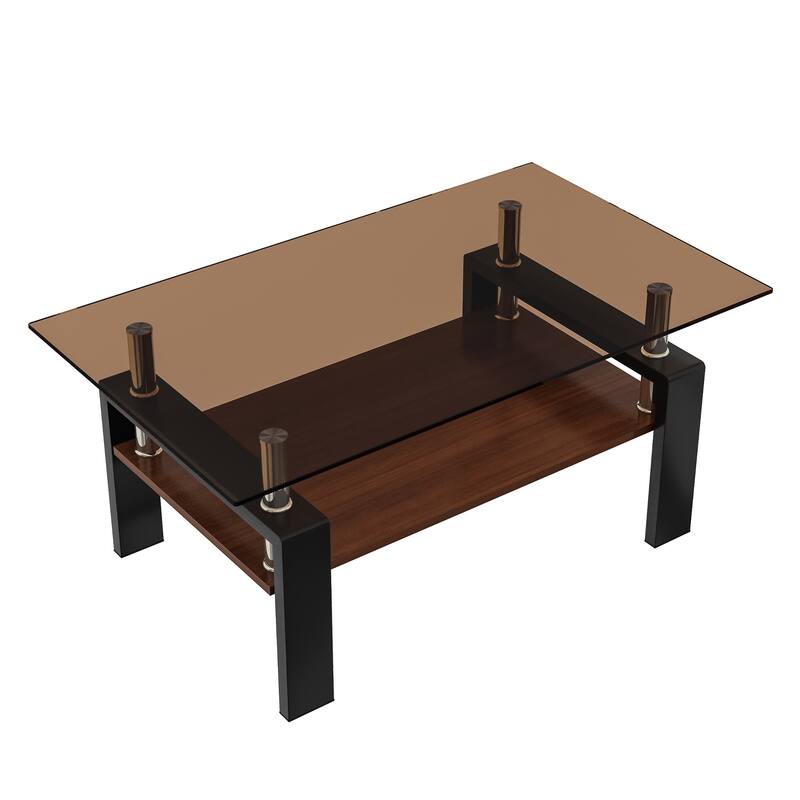 Rectangle Coffee Table, Tempered Glass Tabletop with MDF Layer, Modern Table for Living Room, Brown Glass