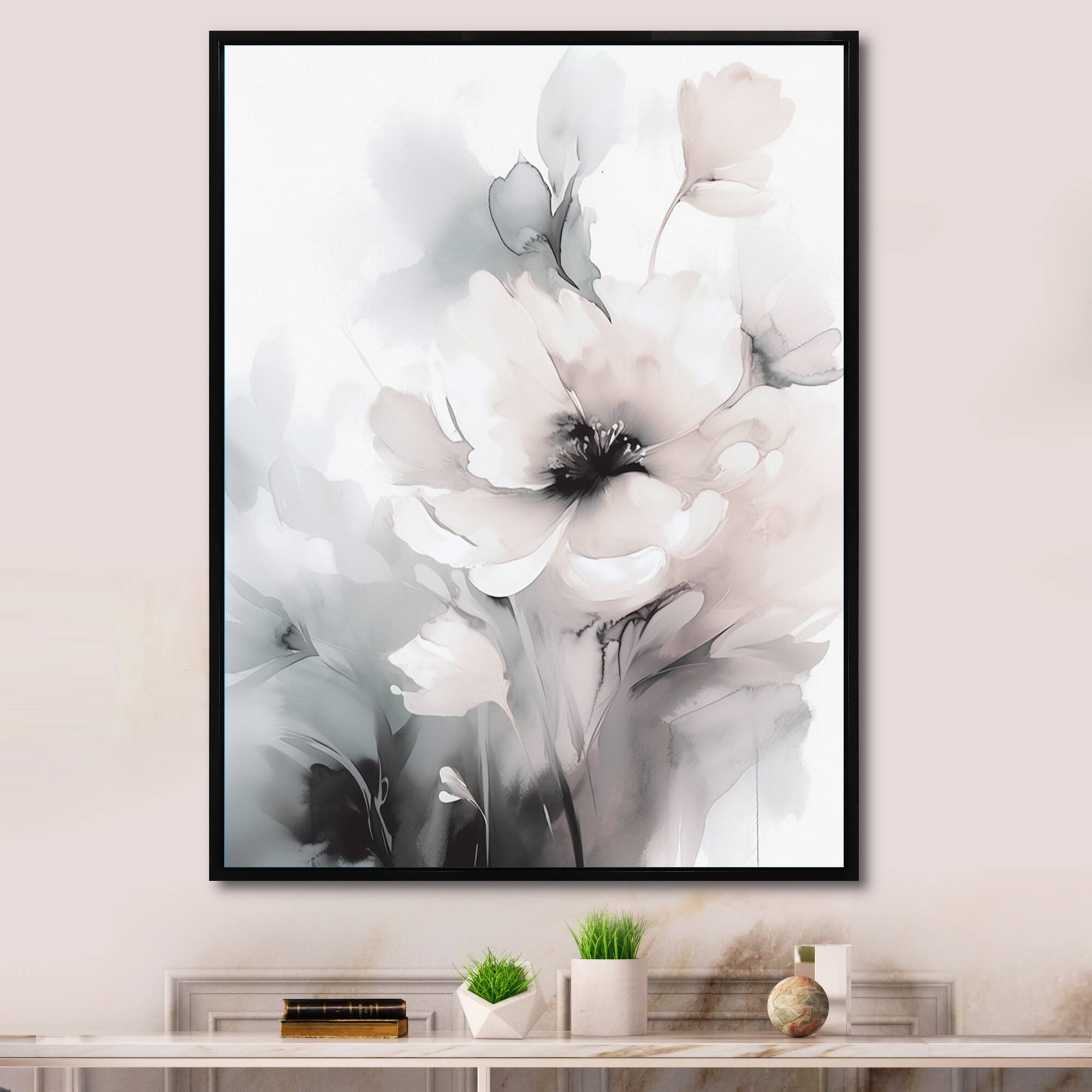 Designart "Soft Light Grey Flowers I" Floral Framed Canvas Wall Art