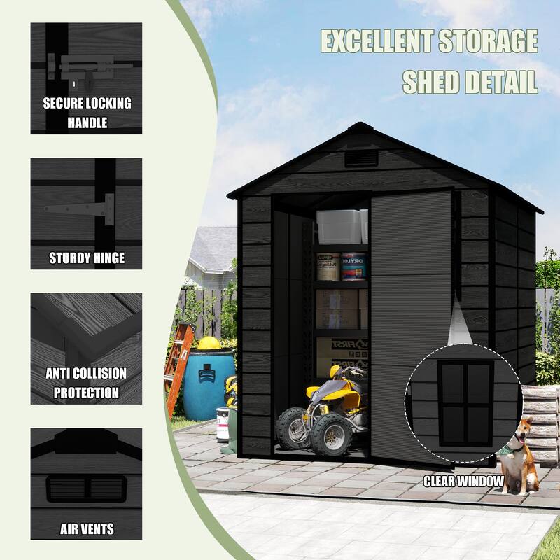 6*6ft Resin Storage Shed, High Quality Pp Material, Waterproof, Rust And Uv Proof, Large Storage Space, 12mm Thick Pp Board