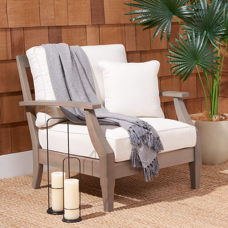 SAFAVIEH Couture Martinique Wood Patio Armchair. - 31.4" W x 35.6" L x 32.6" H - Light Grey/Beige