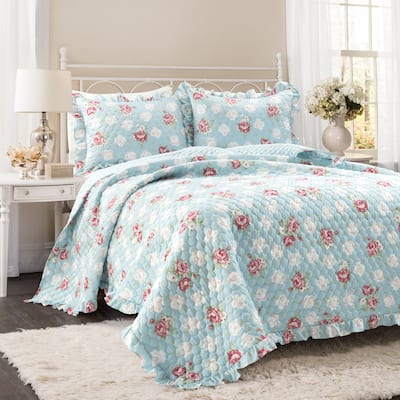 Lush Decor Cottage Core Floral Ruffle Reversible Oversized 3 Piece Quilt Set