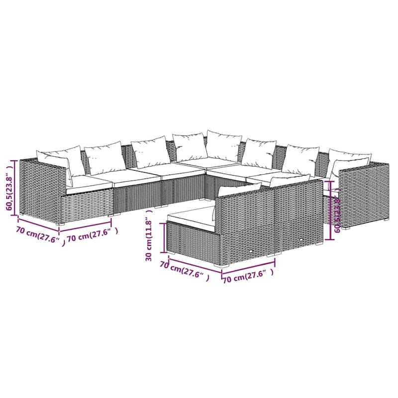 vidaXL Patio Lounge Set Outdoor Sectional Sofa Set Table Garden Poly Rattan - 27.6" x 27.6" x 23.8"