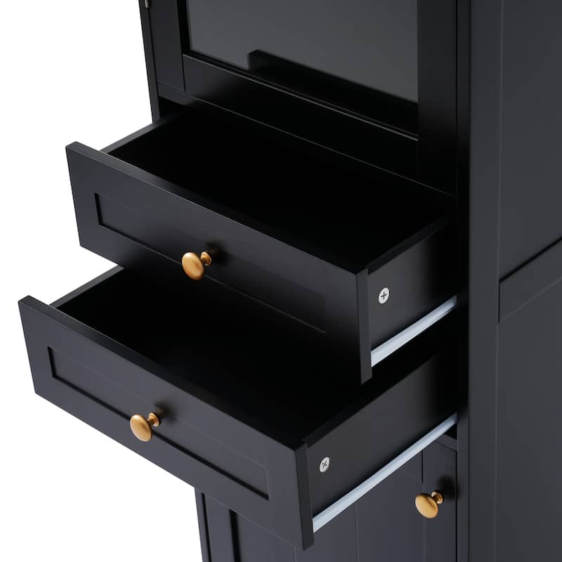 Tall Bathroom Storage Cabinet with Glass Doors - Black