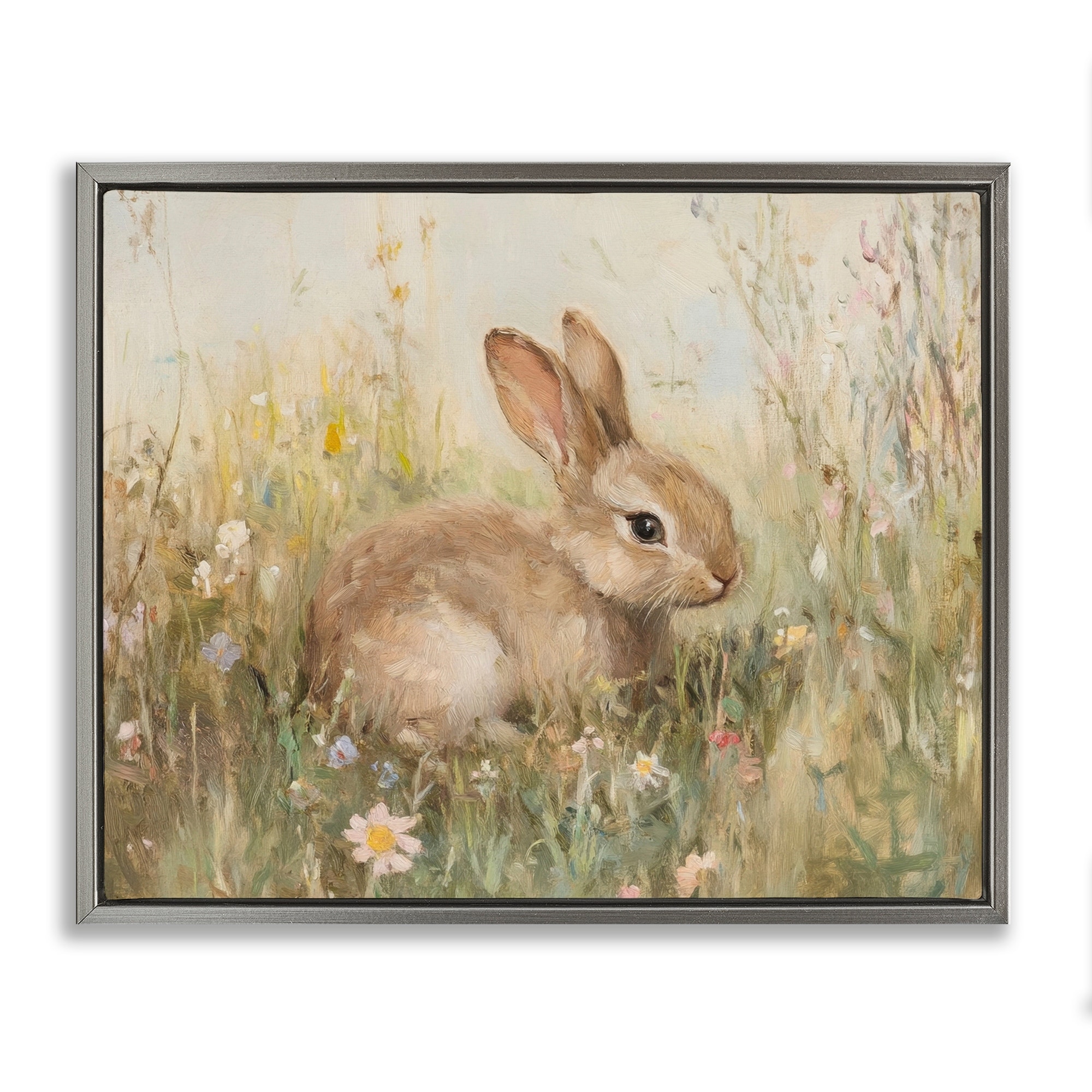 Stupell Brown Bunny in Flower Meadow Framed Floater Canvas Wall Art Design By Petal Prints Design