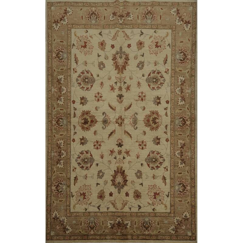 Hand Knotted Oriental 100% Wool Carpet Traditional Floral Beige & Ivories Peshawar Area Rug - 8' 4'' X 6' 2''