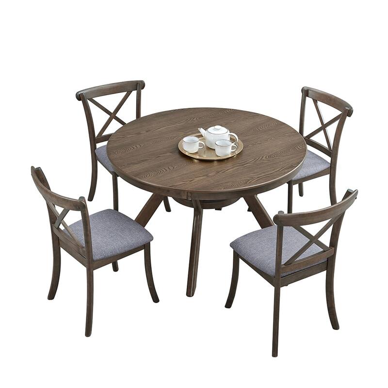 47.24''Round Rubber Wood Dining Table for 4-6 with Wooden Trestle Pedestal Base,Modern Kitchen Wooden Table Dinner Table