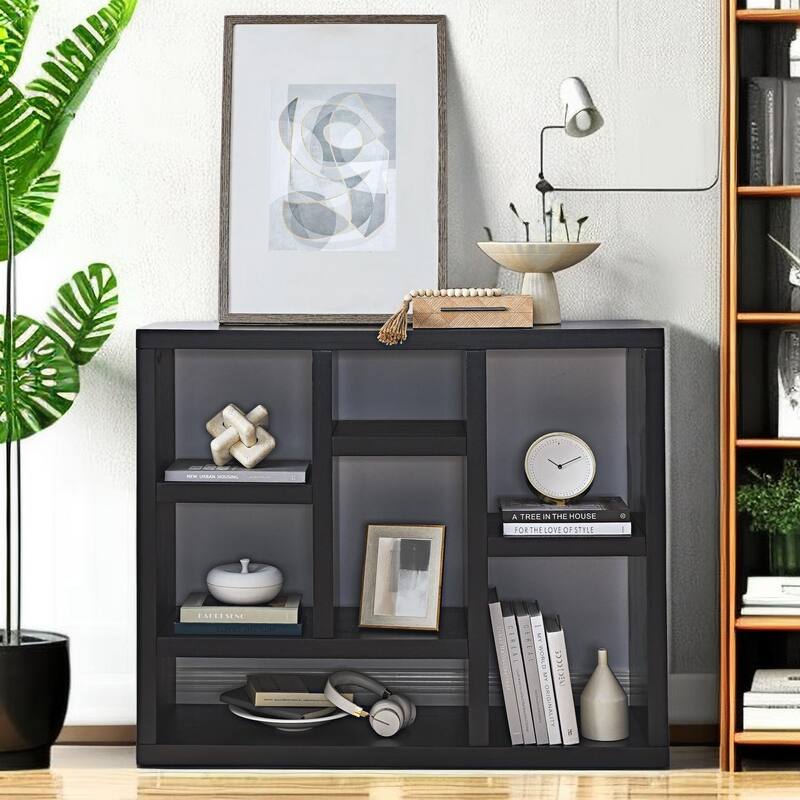 Solid Wood Bookcase Display Storage Cabinet with 7 Cube - Black