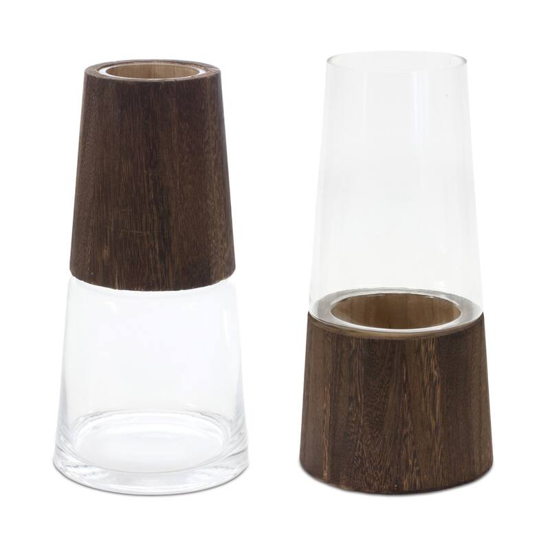 Set of Two Brown And Clear Glass Tapered Table Vases With Wood - 5.50