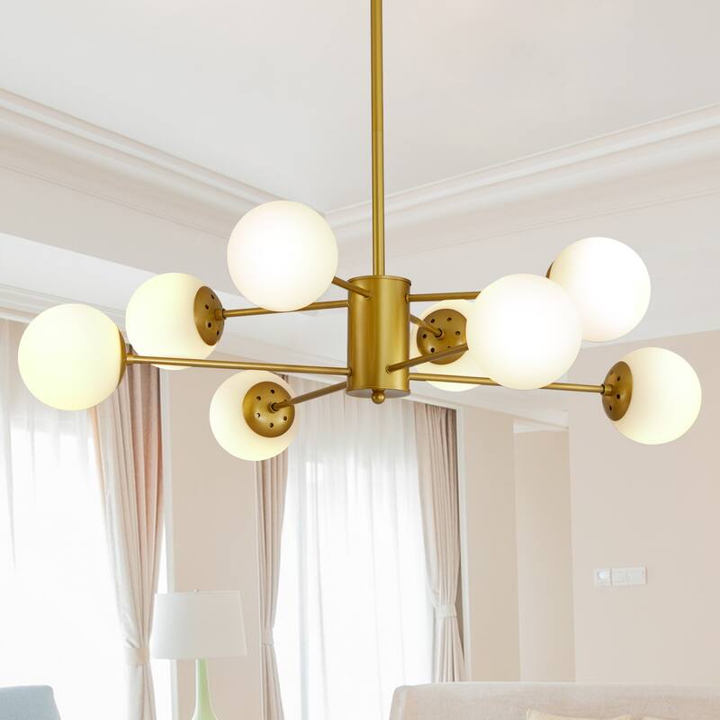 Elegant 8-Light Gold Chandelier with Frosted Glass Globes, Mid-Century Modern Ceiling Light Fixture for Living Room
